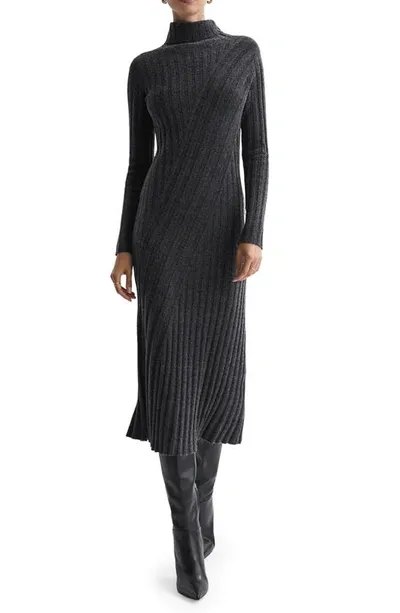 Reiss Cady Long Sleeve Mixed Rib Midi Sweater Dress In Charcoal