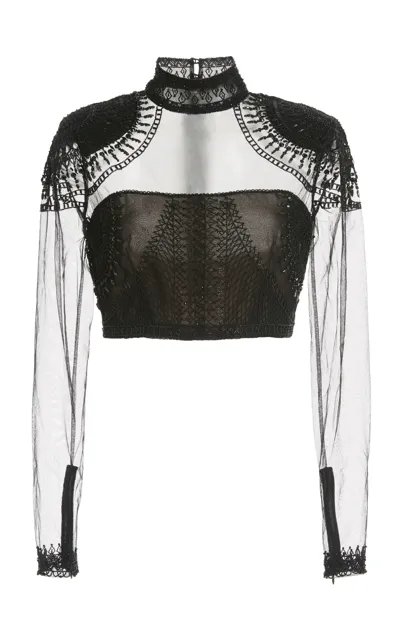 Cucculelli Shaheen Exclusive Dessiner La Dentelle Beaded Tulle Cropped Top In Black