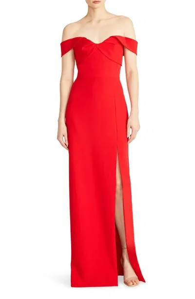 ml Monique Lhuillier Vivian Off The Shoulder Sheath Gown In Rouge