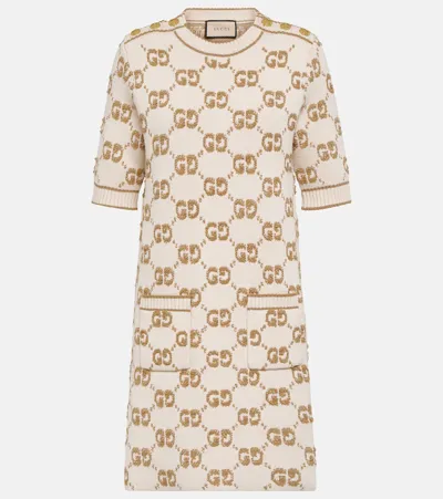 Gucci Gg Jacquard Wool Bouclé Minidress In Beige