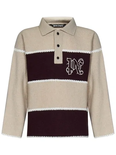 Palm Angels Embroidered-monogram Knit Polo Shirt In Cream