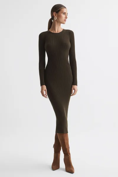 Reiss Khaki Ashley Ribbed Bodycon Midi Dress In Mocha