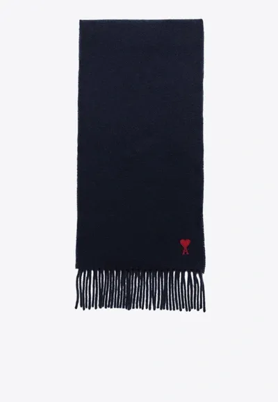 Ami Alexandre Mattiussi Ami De Coeur Fringed-edge Wool Scarf In Navy