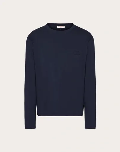 Valentino Long-sleeve Cotton T-shirt With Vlogo Signature Patch In Navy