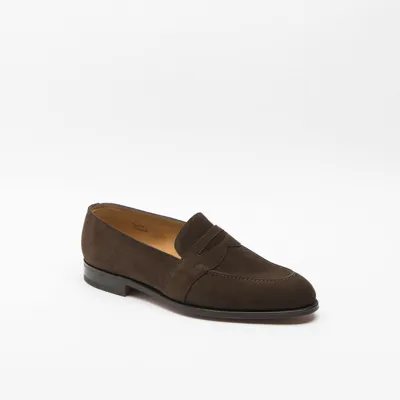 John Lobb Fencote Dark Brown Suede Penny Loafer In Marrone