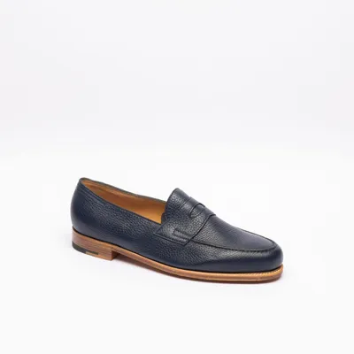 John Lobb Navy Deer Leather Loafer In Blu