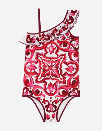 Dolce & Gabbana Majolica-print One-piece Swimsuit With Ruched Neckline