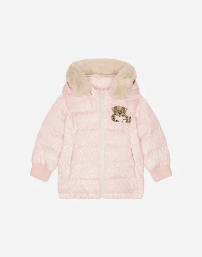 Dolce & Gabbana Babies' Long Nylon Down Jacket With All-over Logo Print In Pink