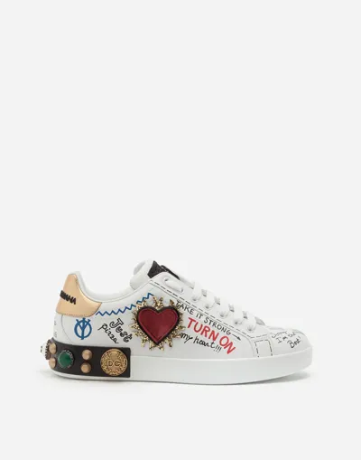 Dolce & Gabbana Printed Calfskin Nappa Portofino Sneakers With Patch And Embroidery