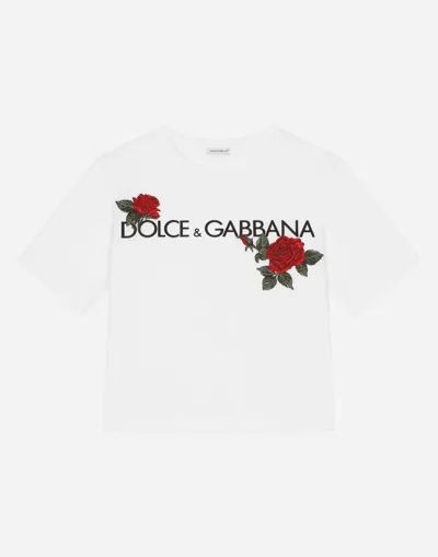 Dolce & Gabbana Jersey T-shirt With Logo Print And Rose Patch