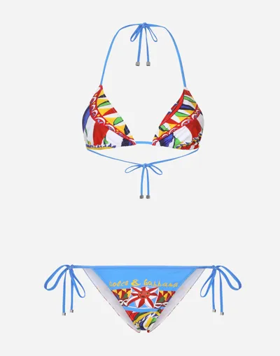 Dolce & Gabbana Carretto-print Triangle Bikini In Blue