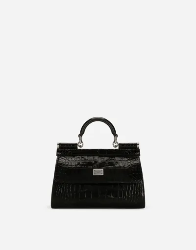 Dolce & Gabbana Small Sicily Bag In Crocodile-print Calfskin And Python Skin In Pink