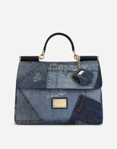 Dolce & Gabbana Large Patchwork Denim Sicily Soft Bag In Blue