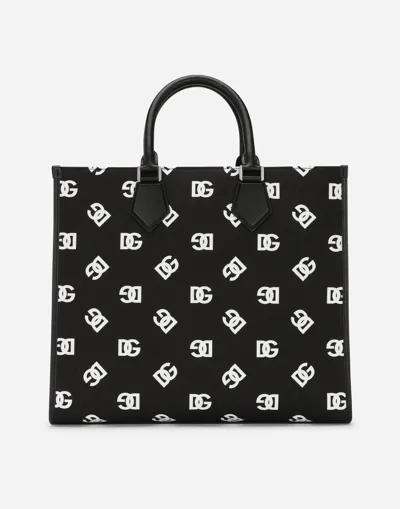 Dolce & Gabbana Large Canvas Shopper With All-over Dg Logo In Black