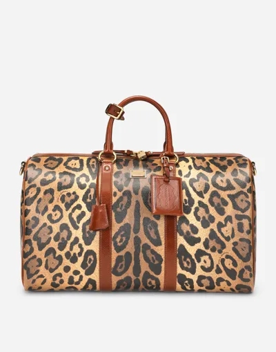 Dolce & Gabbana Medium Travel Bag In Leopard-print Crespo With Branded Plate In Brown