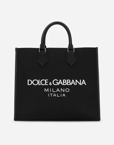 Dolce & Gabbana Large Nylon Shopper With Rubberized Logo In Black