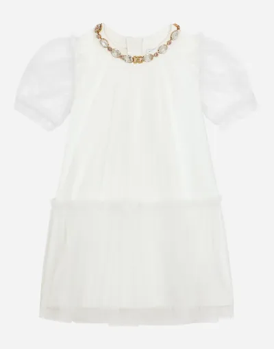 Dolce & Gabbana Tulle Midi Dress With Bejeweled Detail In White