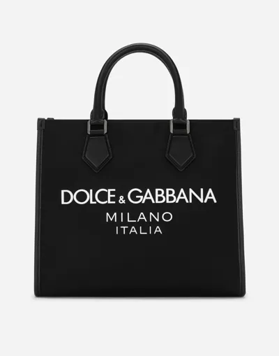 Dolce & Gabbana Small Nylon Shopper With Rubberized Logo In Black