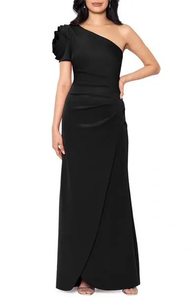 Xscape Rosette Detail One-shoulder Gown In Black