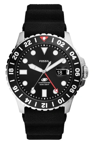 Fossil Men's Blue Gmt Black Silicone Watch 46mm