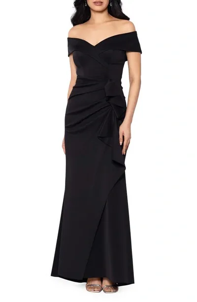 Xscape Off The Shoulder Ruffle Scuba Gown In Black