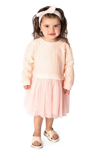 Popatu Kids' Long Sleeve Lace & Tulle Dress In Peach