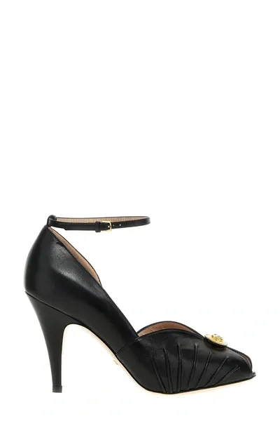 Gucci Logo-plaque Open-toe Leather Sandals In Black