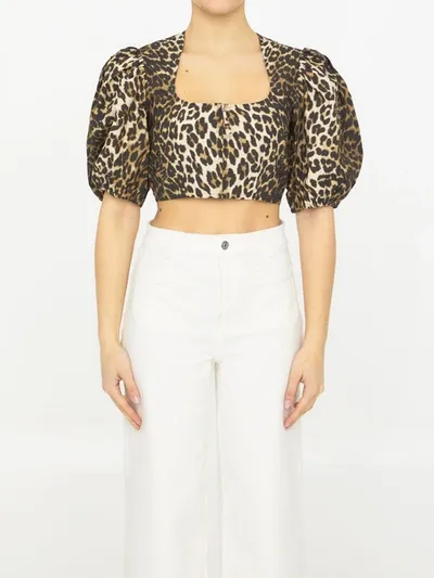 Ganni Leopard Cropped Zip-front Blouse In Multicolor