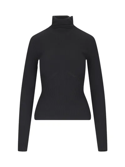 Andreädamo Ribbed Knit Viscose Blend Hooded Top In Black 004