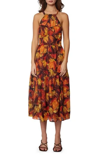 Lost + Wander Surreal Metallic Floral Midi Dress In Orange Multi