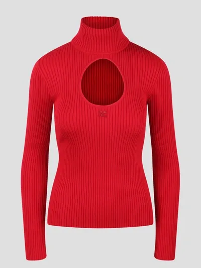 Courrèges Cutout Ribbed-knit Turtleneck Sweater In Red