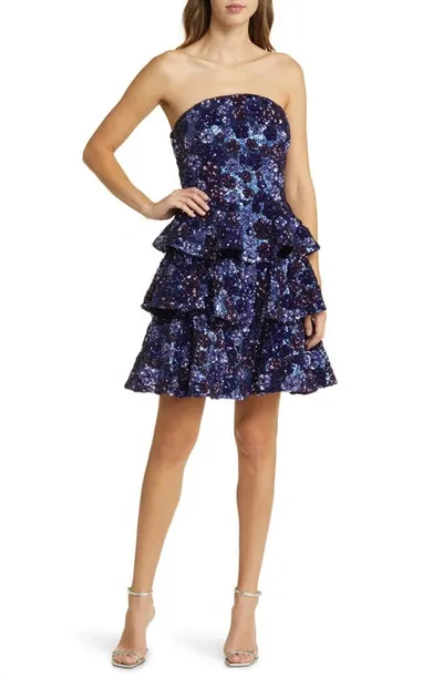 Marchesa Notte Strapless Tiered Sequin Mini Dress In Indigo