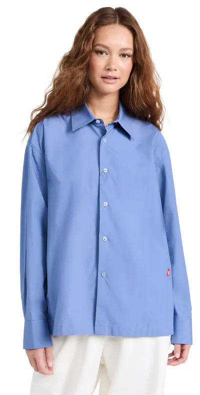 Alexander Wang Button Up Long Sleeve Shirt With Logo Apple Patch In Dark Iris