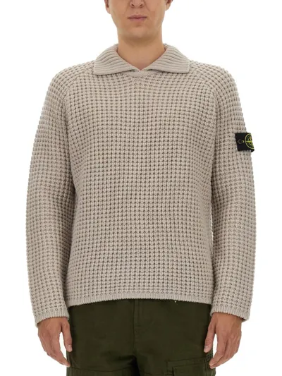 Stone Island Compass Patch Collared Jumper In Beige