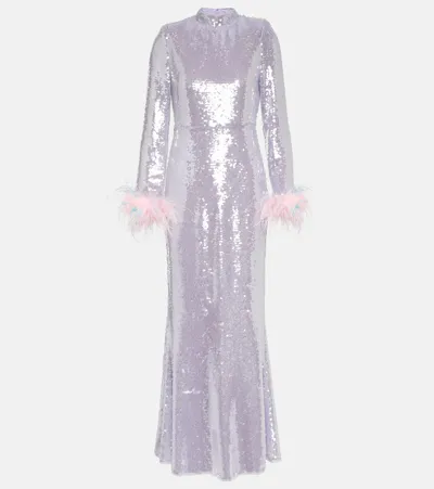 Self-portrait Feather-trimmed Sequined Gown In Purple