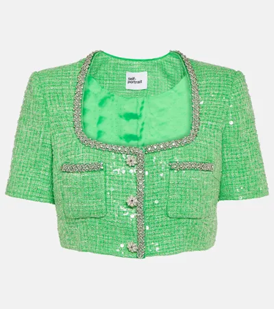 Self-portrait Sequined Embellished Bouclé Crop Top In Green