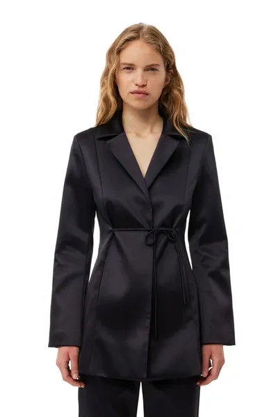 Ganni Double Satin Tiestring Blazer In Black