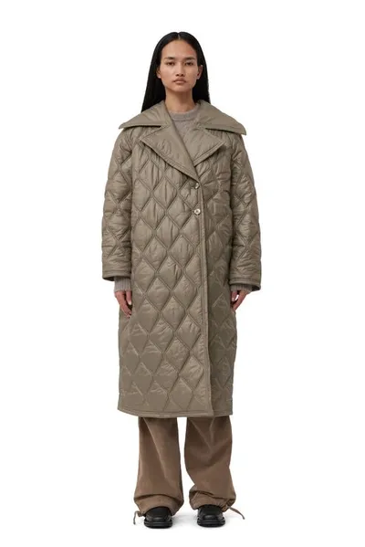 Ganni Brown Shiny Quilt Coat In Fallen Rock