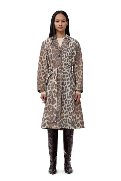 Ganni Leopard Crispy Shell Belt Coat In Big Leopard Almond Milk