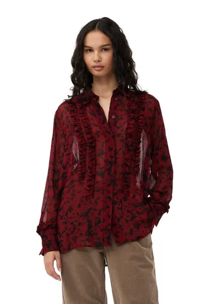 Ganni Sheer Ruffled Georgette Shirt In Syrah