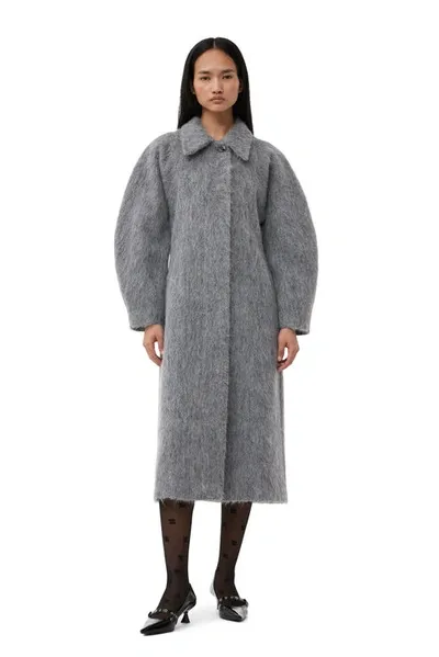 Ganni Grey Fluffy Wool Curved Sleeves Coat In Frost Gray