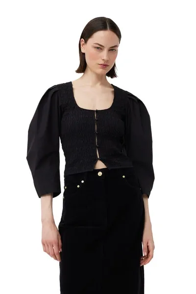 Ganni Cottonpoplin Smock Blouse In Black