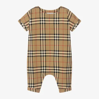 Burberry Babies' Beige Check Cotton Romper In Archive Beige Check