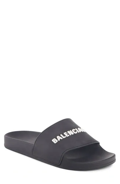 Balenciaga Signature Leather Slides In Black White