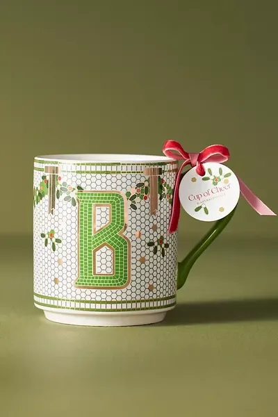 Anthropologie Festive Bistro Tile Monogram Mug In White