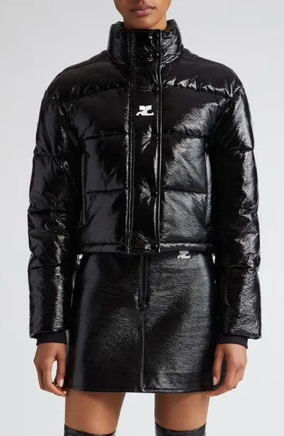 Courrèges Logo Patch Vinyl Crop Puffer Jacket In Black