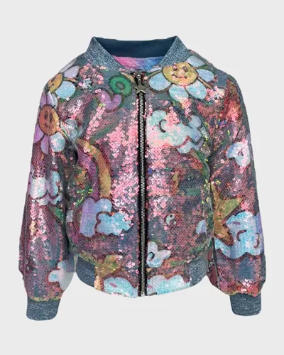 Lola + The Boys Kids' Girl's Happy Daisy Rainbow Sequin Bomber Jacket In Multi