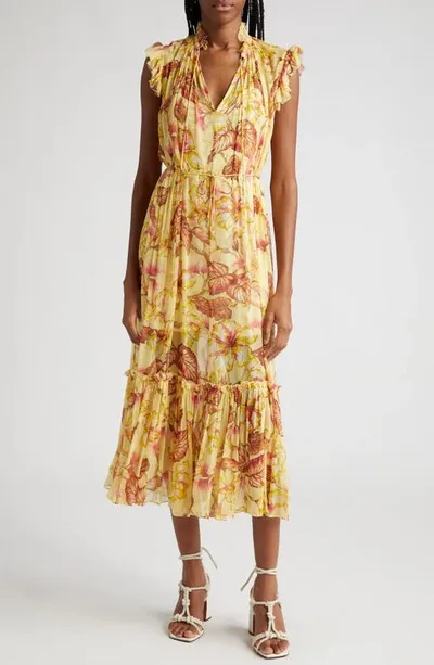 Zimmermann Matchmaker Floral Flutter Midi Dress In Yellow Hibiscus