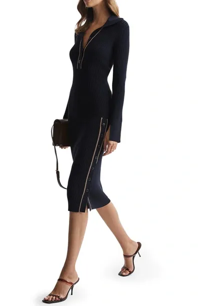 Reiss Navy/camel Bodycon Knitted Colourblock Midi Dress In Navy Camel