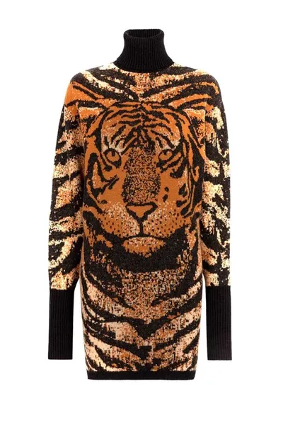 Roberto Cavalli Tiger Jacquard Knitted Dress In Multicolor